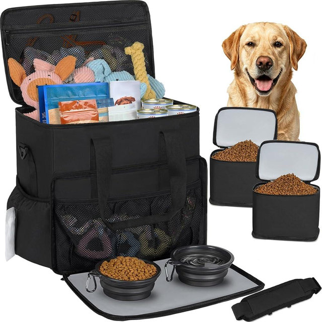 TORIBIO Dog Travel Bag,Large Pet Travel Bag for Supplies with 2 Food Container and Collapsible Bowls,Dog Travel Supplies Organizer Kit for Weekend,Road Trips,Camping