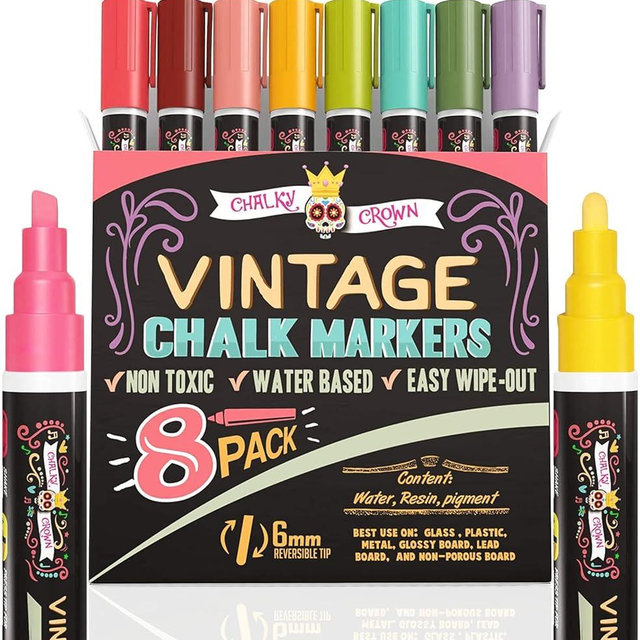 CHALKY CROWN Liquid Chalk Markers - Dry Erase Marker Pens - Chalk Markers for Chalkboards, Signs, Windows, Blackboard, Glass - Reversible Tip (8 Pack) (Vintage, 6mm)