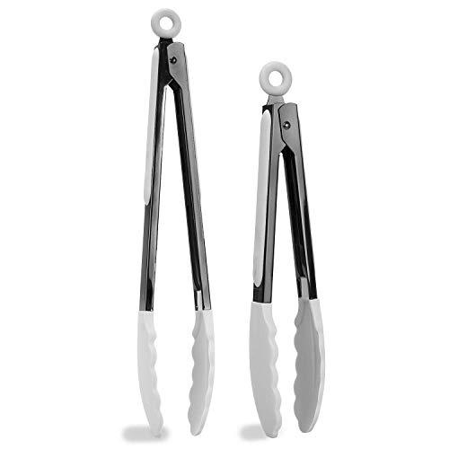 Country Kitchen Stainless Steel Silicone Tipped Kitchen Food BBQ and Cooking Tongs Set of Two 10” and 13” for Non Stick Cookware, BPA Fee, Stylish, Sturdy, Locking, Grill Tongs, Gunmetal and White