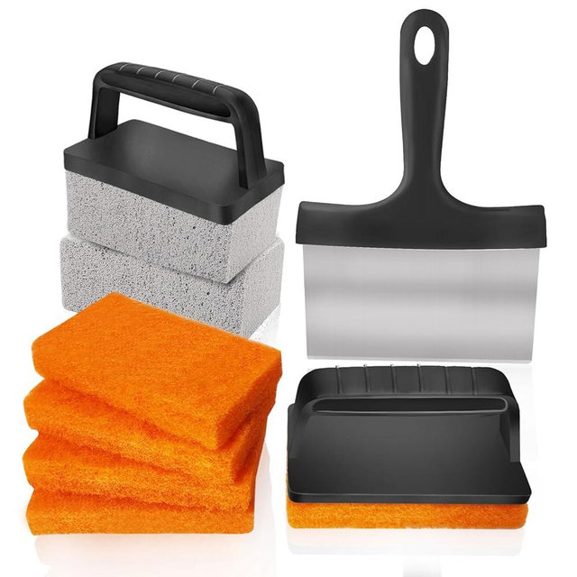NxeAnnQi 10 Pieces Griddle Cleaning Kit for Blackstone & More - Professional Flat Top Grill Cleaning Kit with Heavy Duty Griddle Scraper, Grill Stones, Scouring Pads & Ergonomic Handles