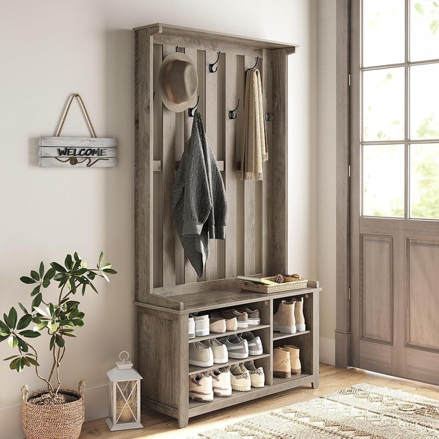 VASAGLE Hall Tree with Bench and Shoe Storage, Coat Rack with Shoe Bench, 7 Double Hooks for Jackets, Hats, Entryway, Bedroom, Living Room, 13.8 x 31.9 x 70.9 Inches, Heather Greige UHSR414G01