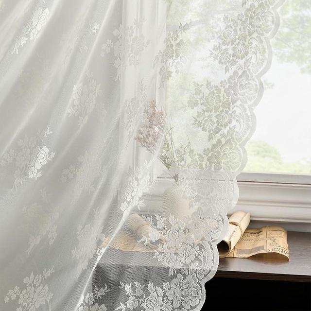 Kotile Ivory Lace Curtains 84 Inches Long - Vintage Embroidered Floral Sheer Lace Curtains for Living Room, Scalloped Privacy Lace Curtain Panels for Windows, 52 x 84 Inch, 2 Panels, Ivory