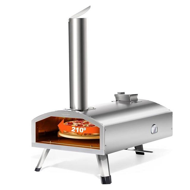 PolarcoForgeco Pizza Oven Outdoor Wood-Fired - 12 Inch Outdoor Pizza Oven with Rotatable Pizza Stone, Portable Stainless Steel Pellet Pizza Maker for Outside Backyard Camping - Silver