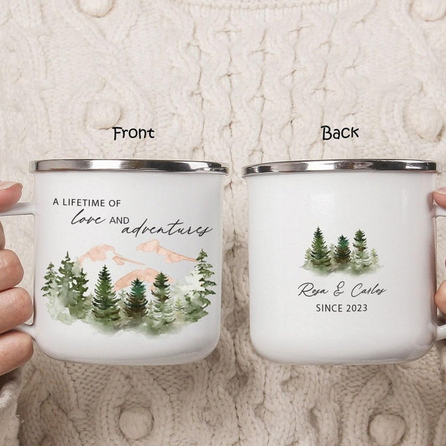 Personalized Mountain Camping Mug, Couple Adventure Coffee Cup, Engagement Announcement Anniversary Gift, Wedding Guest Keepsake Favor H113