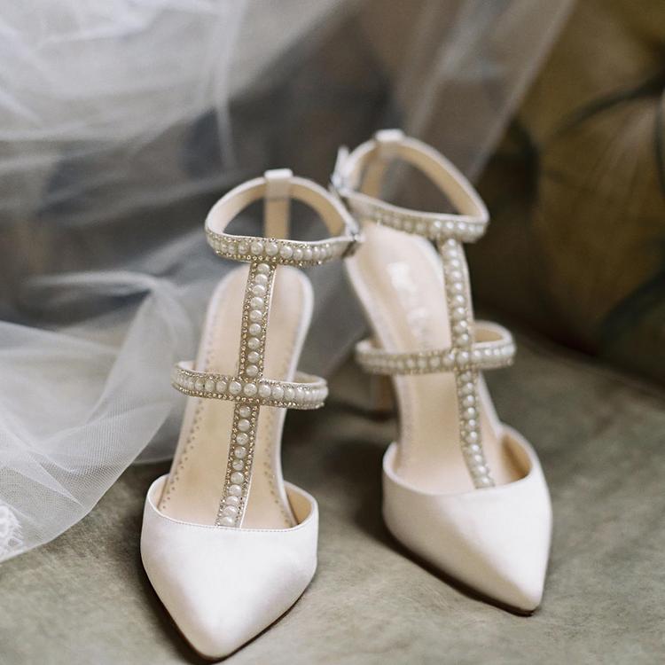 bellabelleshoes:Carolina ベラベルシューズ Ivory T-strap Heels with Crystals & Pearls | Bella Belle