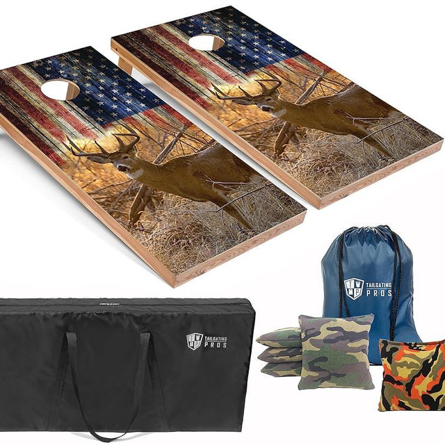 Tailgating Pros American Themed Lightweight Corn Hole Board Set w/Multicolored Built-in LED Lights, Bean Bags and Carrying Case - 4'x2' Cornhole Toss