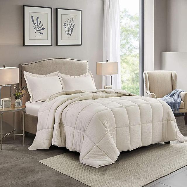 HIG Pre Washed Down Alternative Comforter Set Queen - Reversible Shabby Chic Quilt Desgin - Box Stitched with 4 Corner Tabs - Lightweight for All Season - Camel Duvet Comforter with 2 Pillow Shams