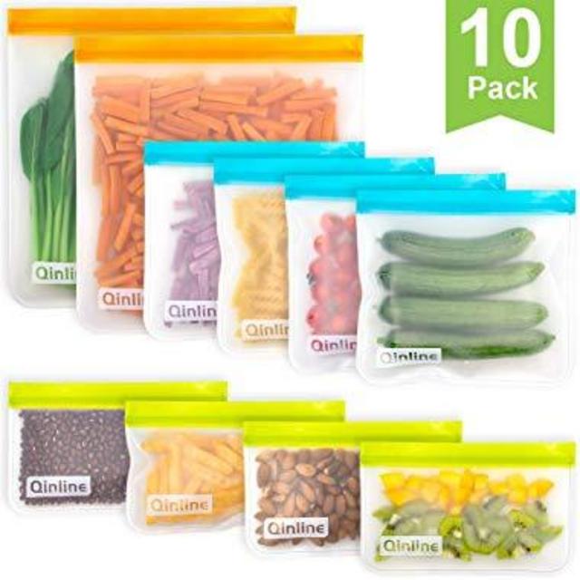 Reusable Storage Bags - 10 Pack BPA FREE Freezer Bags(2 Reusable Gallon Bags + 4 Leakproof Reusable Sandwich Bags + 4 THICK Reusable Snack Bags) Ziplock Lunch Bags for Food Marinate Meat Fruit Cereal