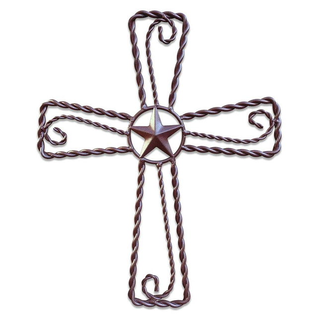 Metal Cross Wall Décor – Rustic Iron Home Art Decorations, Large Texas Country Western Scroll Barn Star Decoration for Living Room or Outdoor, Vintage Hanging Crosses and Stars (Brown, 15"x12.5" (SM))