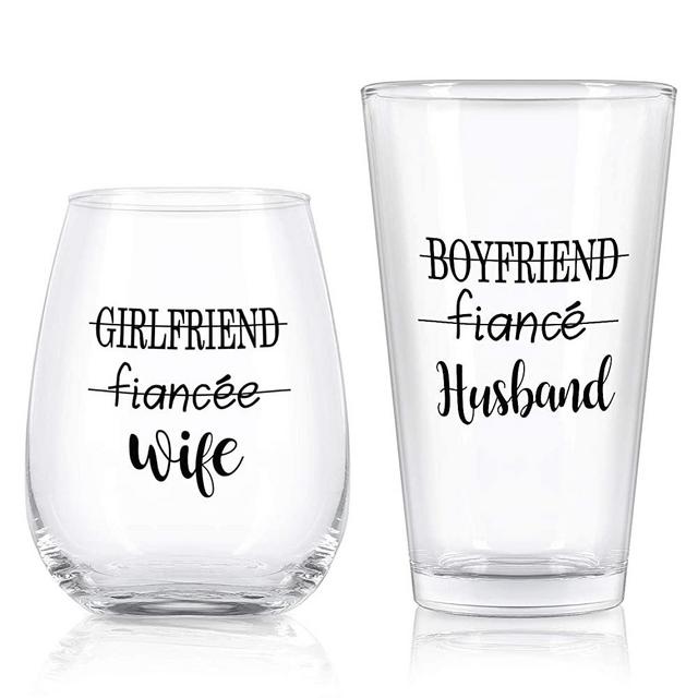 Husband Wife Stemless Wine Glass and Beer Glass Combo, Great Couple Gift for Wedding Engagement Party Bridal Shower Anniversary Valentine’s Day Wife Husband Couple Newly Married, Set of 2