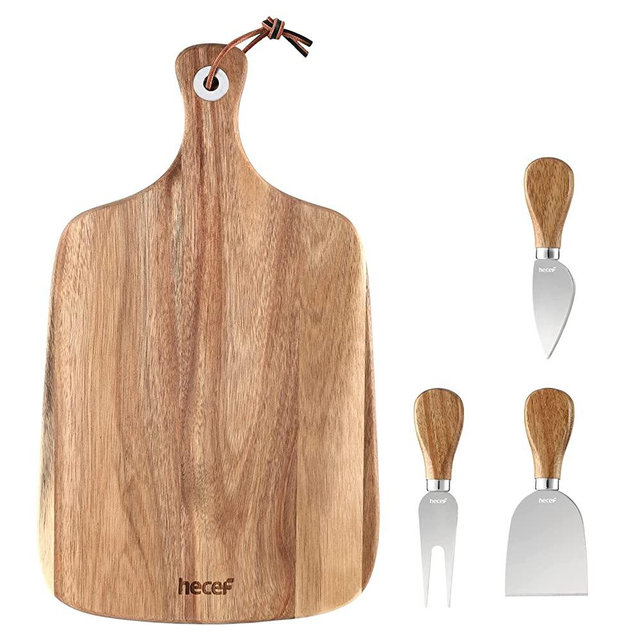 hecef Upgrade Bigger Cheese Board set of 4, a Bigger Acacia Wood Cheese Plate & a Cheese Thin Knife & a Chisel knife & a Cheese Fork, Cheese Platter Slate Board Cheese Serving Board (with 3 Knives)