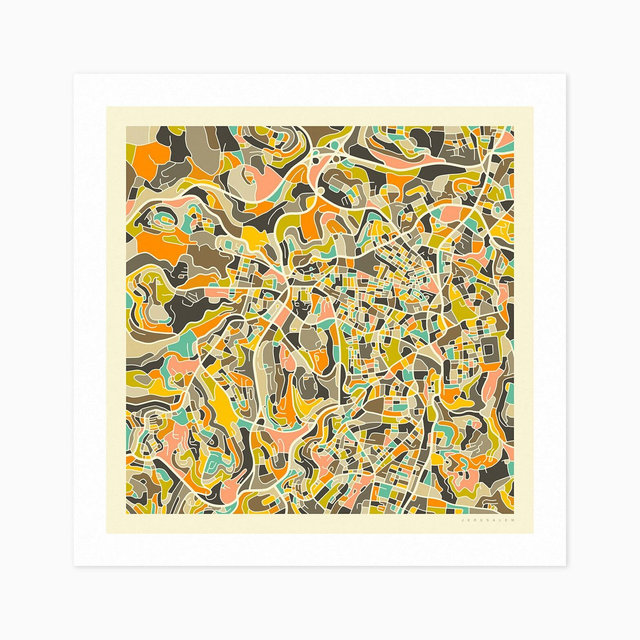 JERUSALEM (Giclée Fine Art Print) City Street Map (10x10 12x12 16x16 24x24 28x28 30x30) Rolled, Stretched or Framed