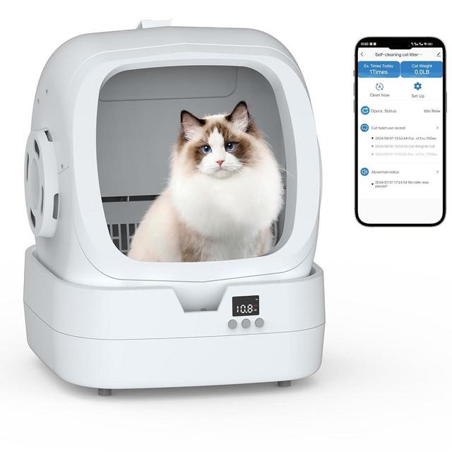 Automatic Cat Litter Box Self Cleaning - APP Control and Weight Monitoring - Ultra-Quiet, Suitable for Medium Cats and Kittens, Safe Anti-Pinch Litter Box (Assembly Required) -White