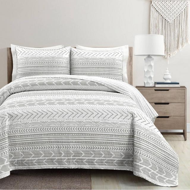 King 3pc Hygge Geo Quilt Set Gray - Lush Décor