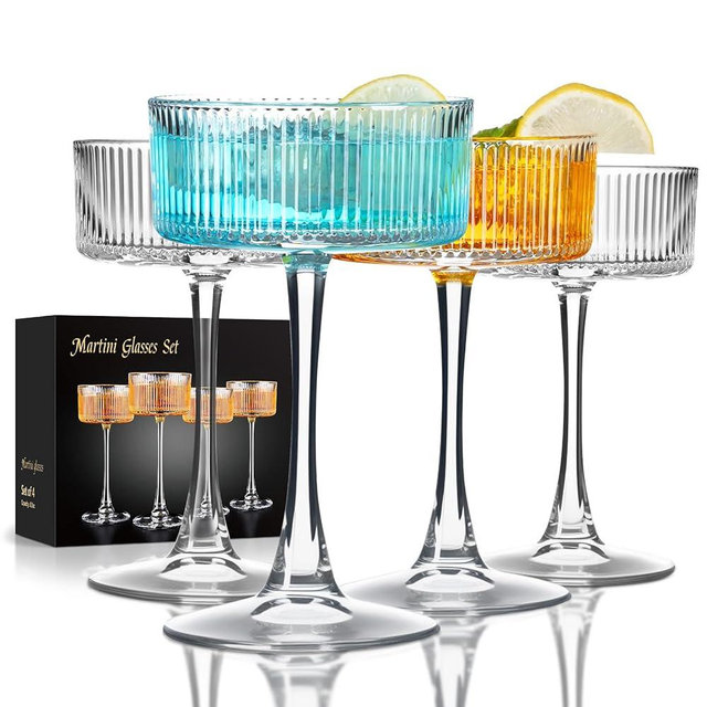 FrutPunch Martini Glasses Set of 4, 8OZ Ribbed Coupe Glasses, Bar Drinking Glass Set, Suitable for Cocktails, Wine, Champagne and Gifts
