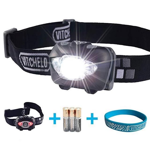 VITCHELO V800 Headlamp with White and Red LED Lights. Super Bright Head Light 168 Lumens & Waterproof IPX6. 3 AAA Panasonic Batteries Included Great for Running Jogging Camping Hiking Hunting