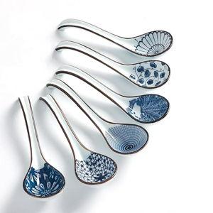 Ceramic Soup Spoons, Asian Soup Spoon Japanese Ramen Spoons,Long Handle Perfect Depth Spoon Set for Soup Dumpling, Pho, Noodles, Miso, Chinese Wonton, Dishwasher Safe- Set of 6- Blue