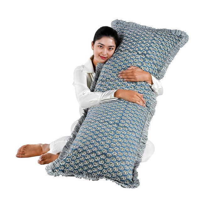 Ridhi Block Print Peacock Blue 54"x20" Set 1-100% Cotton Ruffle Lumbar Sham Cover Boho Floral Pillowcase, Farmhouse Cottagecore Bedding, Soft Decorative Cover Gift for Spring, Easter, Valentine