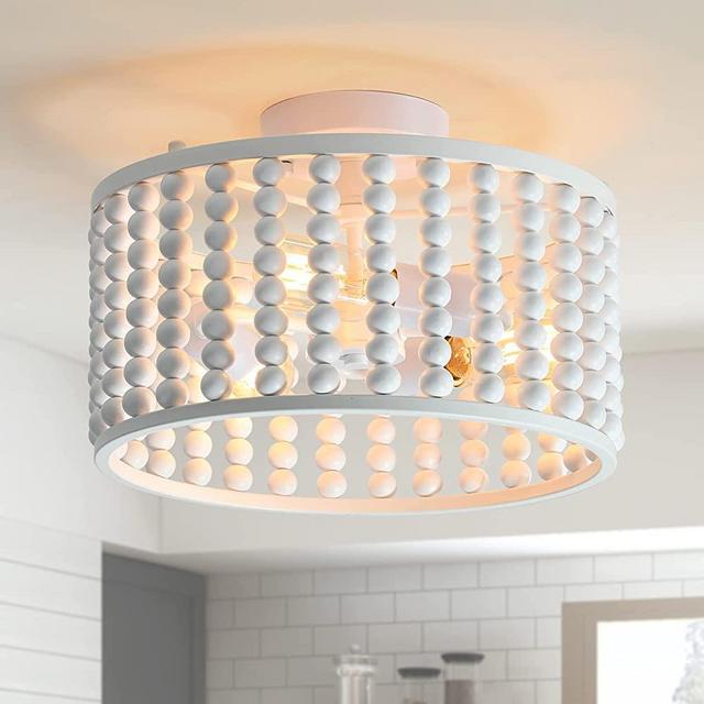 Tewei Wood Beaded Chandelier, 3 Lights Boho Farmhouse Light Fixture with E26 Base Semi Flush Mount Ceiling Light Fixtures for Kitchen Bedroom Livingroom Dining Oak White