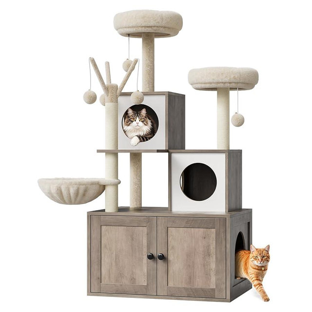 Litter Box Enclosure with Cat Tree Tower and Condo Brush Post and Passage Hidden Cat Washroom Furniture with Sisal Scratching Post & Soft Plush Perch Wooden Cat Furniture with Multiple Platforms