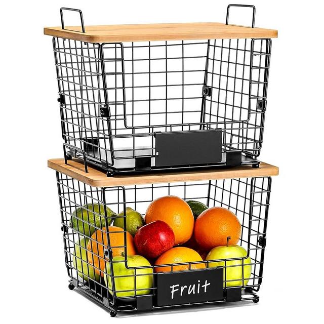 2 Set Stackable Wire Basket with Bamboo Top, Kitchen Counter, Pantry Organizer and Storage, Produce Onion Potato Fruits Vegs Bread Food Snack Spice Organizing Bin for Cabinet Shelf Countertop Floor, L