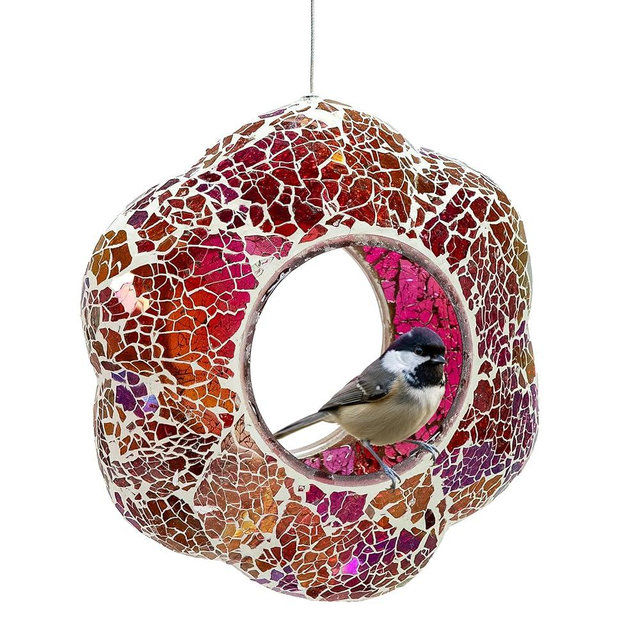 Sunnydaze 10-Inch Glass Mosaic Hanging Bird Feeder for Outdoors - Fly-Through Glass Bird Feeder for Cardinals, Jays, Finches and More - Pearl Pink Flower