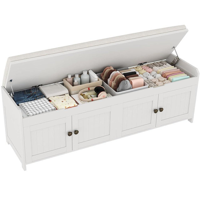 HOMEFORT 54.4" Shoe Bench with Lift Top Storage, Entryway Bench with Cushioned Seat, Wooden End of Bed Bench, Shoe Cabinet Bench with Hidden Storage Space, for Bedroom, Hallway,White