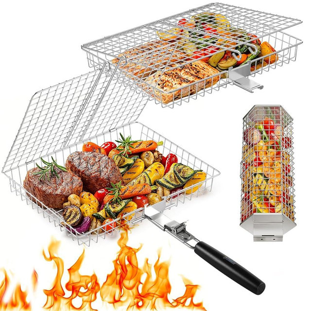 Grill Baskets for Outdoor Grilling, 3PCS Grilling Baskets with Removable Handle, Stainless BBQ Accessories for Vegetables, Fish, Shrimp, Outdoor Camping Cooking Tools Gifts for Men Dad