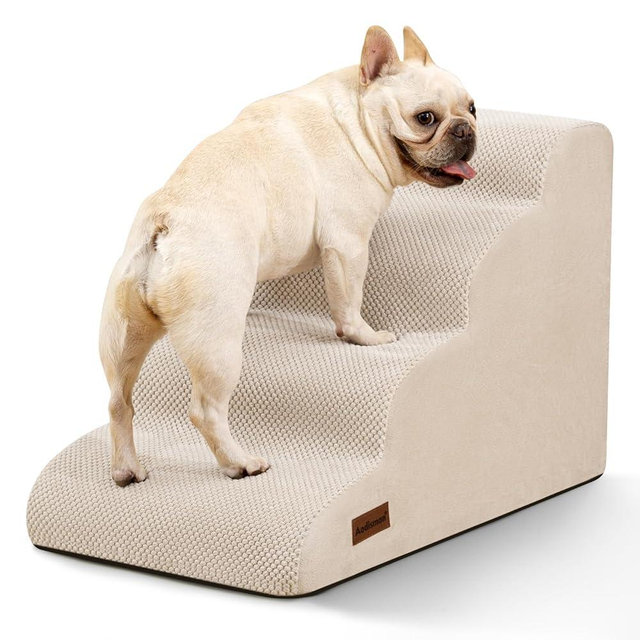 Aodisman Dog Stairs Ramp for Bed and Couch,4 Step Dog Steps for Small Dogs,Pet Stairs with Non-Slip Bottom for Old Cats,Indoor Pet Steps,Comfort,Durable,17.4" H,Beige