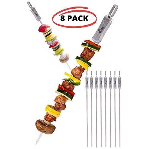 FLAFSTER KITCHEN Skewers for Grilling- 16" Long Flat BBQ Skewers - Shish Kabob Skewers - Stainless Steel Skewer Sticks for Camping - Wide Reusable Sword Skewers - 8 Pack with Storage Bag