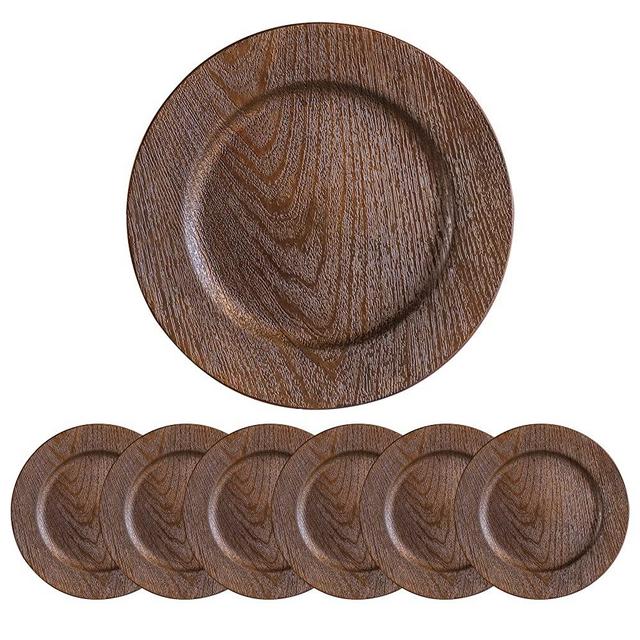 JRHCGH 13" Round Wooden Charger Plate , Antique Plastic Plate Bulk Wedding ,Charger & Service For Dinner Plates ,Elegant Decor Place Set Of 6 (3312-03C)
