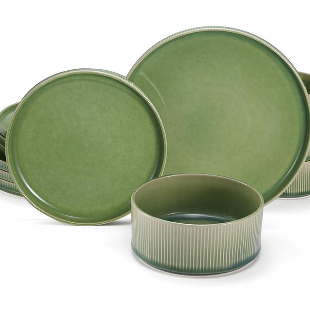 Ceramic Dinnerware Set, by Vase and Vessel, 12-Piece Service for 4, 9.8” Dinner Plates, 8” Salad Plates, 20 oz Bowls, Ombre Reactive Glaze, Durable Stoneware, Microwave & Dishwasher (Moss Green)