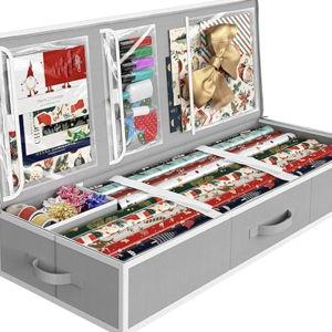 Simple Houseware 41.5" Wrapping Paper Storage Organizer - Fits 40 Rolls with Adjustable Straps, Interior Divider for Ribbons & Bows, 3 Clear Pockets for Gift Bags & Tools, 41.5''L x 16''W, Gray