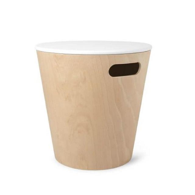 Umbra Woodrow, Modern Ottoman with Storage, Large Round Stool, Natural Wood/White