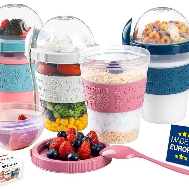 Hakan 4 Pack Overnight Oats Containers with Lids & Spoons - 20 oz Reusable Yogurt Parfait Cups with Topping Dome - BPA-Free Plastic Cereal & Fruit Cups To Go - Large Breakfast Jars for Work & School