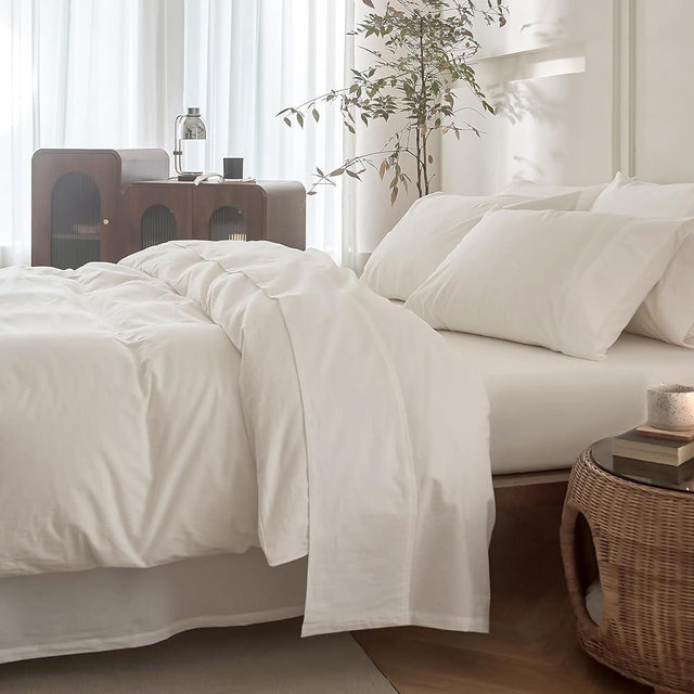 BDEAR 4PS Off White King Size Bedding Set, Oeko-TEX Standard 100% Washed Cotton Linen Like Bedding Sheet Sets Cover Deep Pocket Fitted Sheet Plus Cozy Flat Sheet and 2 Pillowcases