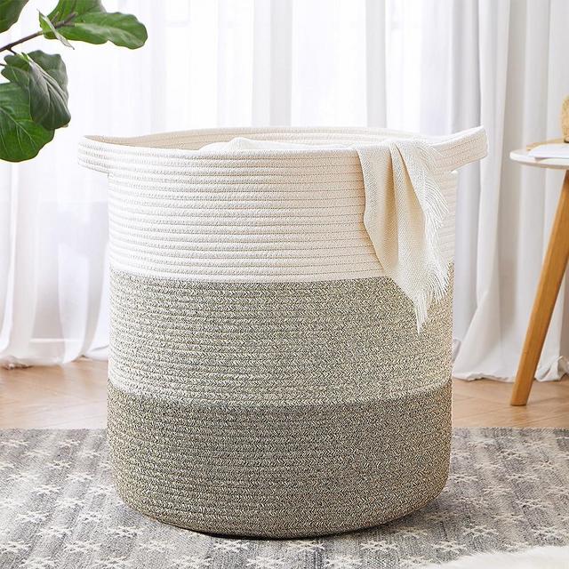 MOJOSCEND 80L Cotton Rope Laundry Basket, 18Dx20H inches Large Storage Basket for Blanket, Clothes Hamper for Bedroom, Baby Nursery Kids Laundry Basket Organizer- Brown