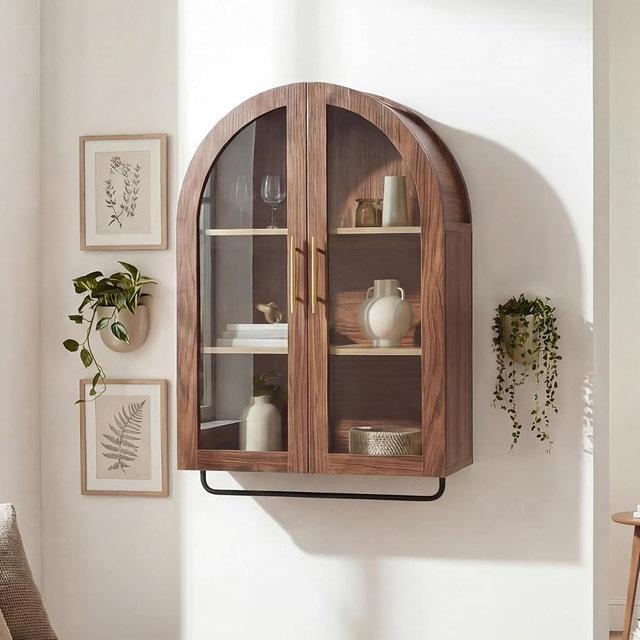 Seang Bathroom Arched Wall Cabinet,23.6" Modern Medicine Cabinet with Towel Bar and Adjustable Shelf,Over The Toilet Wall Storage Cabinet for Laundry Room,Living Room,Kitchen,Walnut