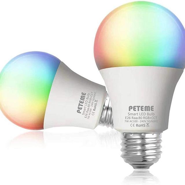 Smart LED Light Bulb 2.4G(Not 5G) E26 WiFi Multicolor Light Bulb Work with Siri,Alexa, Echo, Google Home and IFTTT (No Hub Required), Peteme A19 60W Equivalent RGB Color Changing Bulb (2 Pack)