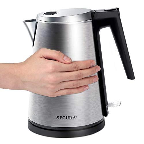 Secura Double Wall Stainless Steel Electric Kettle Water Heater for Tea Coffee w/Auto Shut-Off and Boil-Dry Protection, 1.5L/1.6Qt