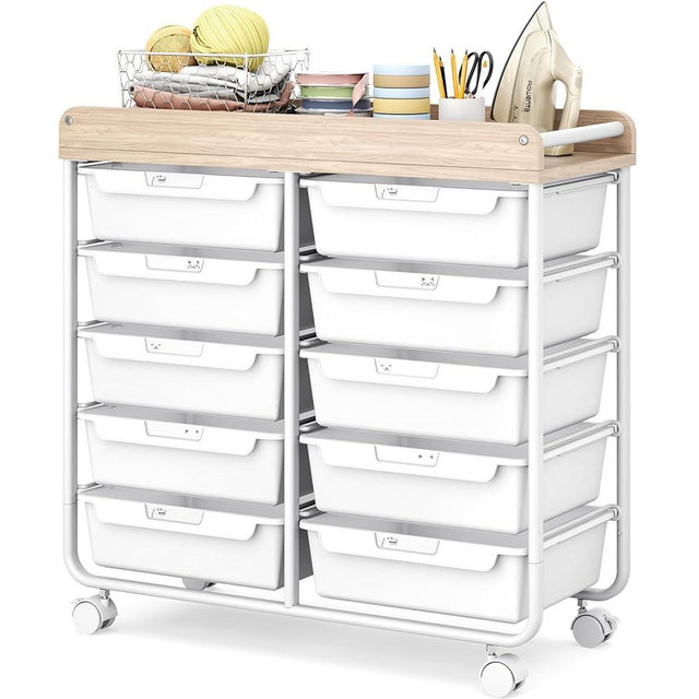10 Drawers Rolling Cart with Wooden Tabletop, Utility Storage Cart with Wheels, Art Supply Craft Organizer on Wheel with Metal Frame & Handles for Home Office School (Pure White)