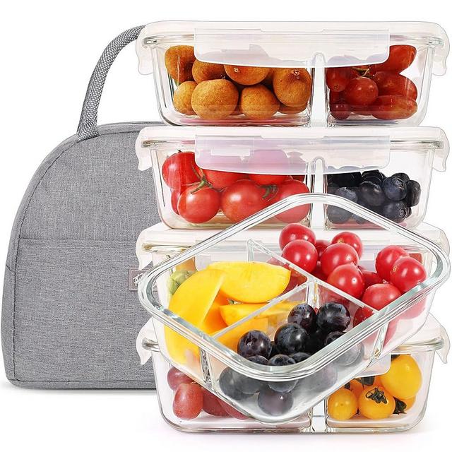 5 Pack 36oz Bento Box Glass Meal Prep Containers 3 Compartments Glass Food Storage Containers with Lids Meal Prep Bowls Lunch Box Glass Food Prep Containers Lunch Container for Oven Microwave