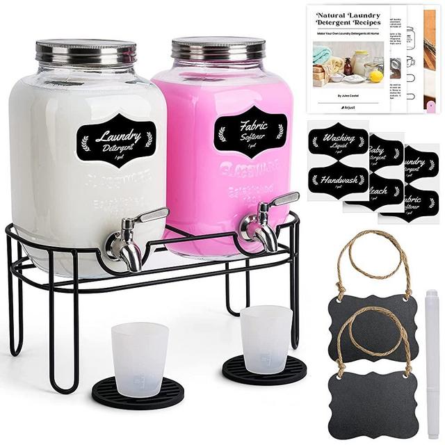 Arjust Laundry Containers for Detergent - Laundry Soap Canister - Laundry Containers for Soap Bleach Softener - 1 Gallon Laundry Detergent Container Mason Jars - With Labels Taps Measuring Cups Chalkboards Stand Mats and eBook - 2 Pack