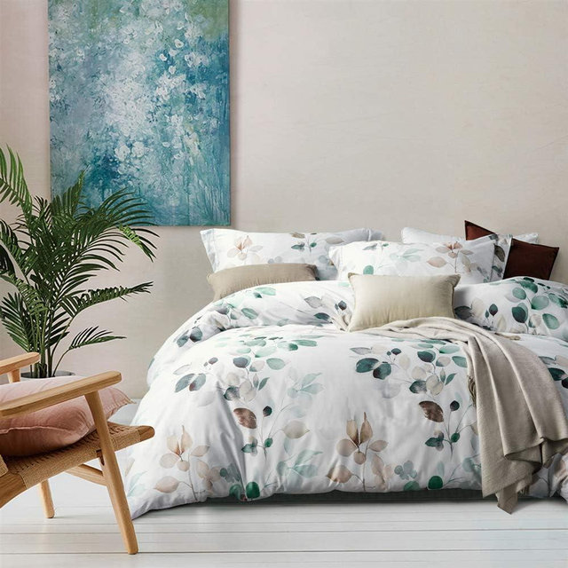 MILDLY 100% Long-Staple Cotton Duvet Cover Set Teal Blue Green Leaf Pattern Printed Comforter Cover 2pcs, Ultra Soft & Breathable Bedding Set