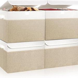 Large 22 Quart Linen Fabric Foldable Storage Bin Cube Organizer Basket with Flip-Top Lid & Handles, Clothes Blanket Box for Home, Office, Closet, Beige & White, 4 Pack 14.6 x 9.5 x 9.5”