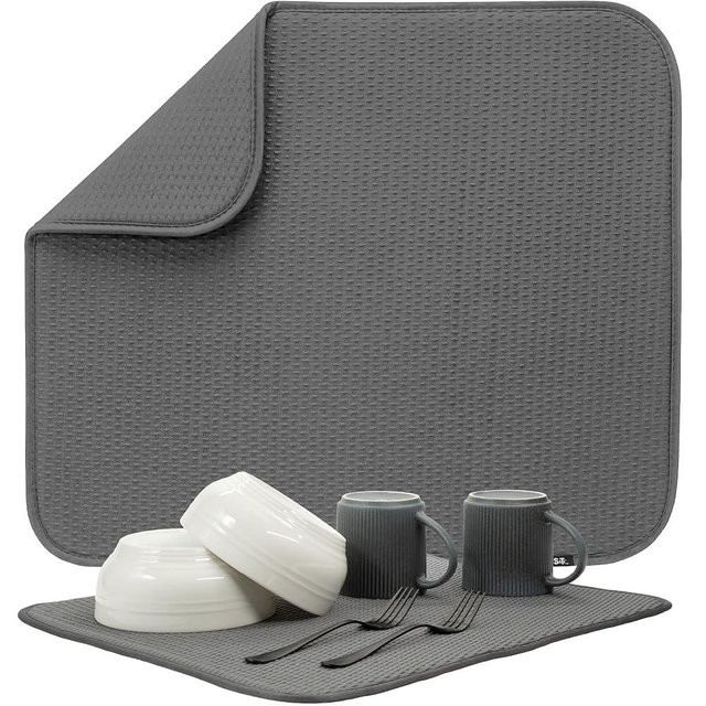 S&T INC. Dish Drying Mat, 16” x 18”, Absorbent Microfiber Kitchen Counter Mat, Drying Pad for Dishes, Utensils, Pots and Pans, Large, Diamond Texture, Grey