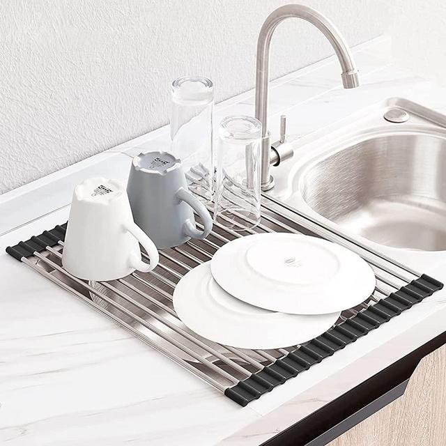 LIMNUO Roll Up Dish Drying Rack, SUS304 Over The Sink Roll-Up Dish Drying Rack Kitchen (L-18.1''(W) 13.2''(L), Black)