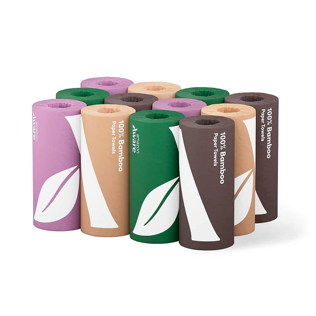 Amazon Aware Bamboo Paper Towels, 12 Rolls, 2 ply, FSC Certified, 150 Sheets, 1800 Count, Pack of 12, Plastic-Free, White
