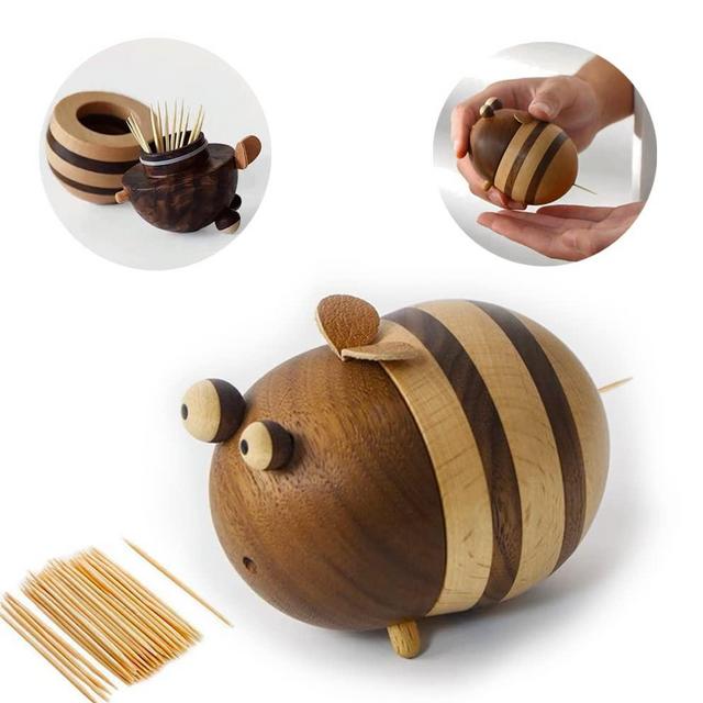 Toothpick Holder Dispenser Bee Decor Desk Decor Boho Decor Gifts for women Birthday Gifts Wooden Bee Holds 150 Pcs(includes a pack of toothpicks)