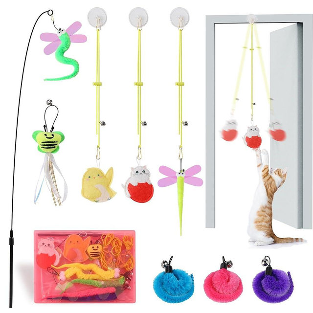 Janbenty Interactive Cat Toys, 1 Interactive Wand, 8 Assorted Teaser Refills and 3 Indoor Cat Hanging Interactive Toy Suitable for Bored Adult Cats and Kittens Play Chase Exercise